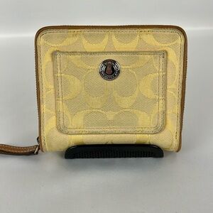 Coach Signature C Jacquard Fabric Zip Around Wallet Yellow with Leather trim
